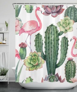 Cute Pink Flamingo, Tropical Plant, And Cactus Flower Shower Curtain For Playful Bathroom Decor