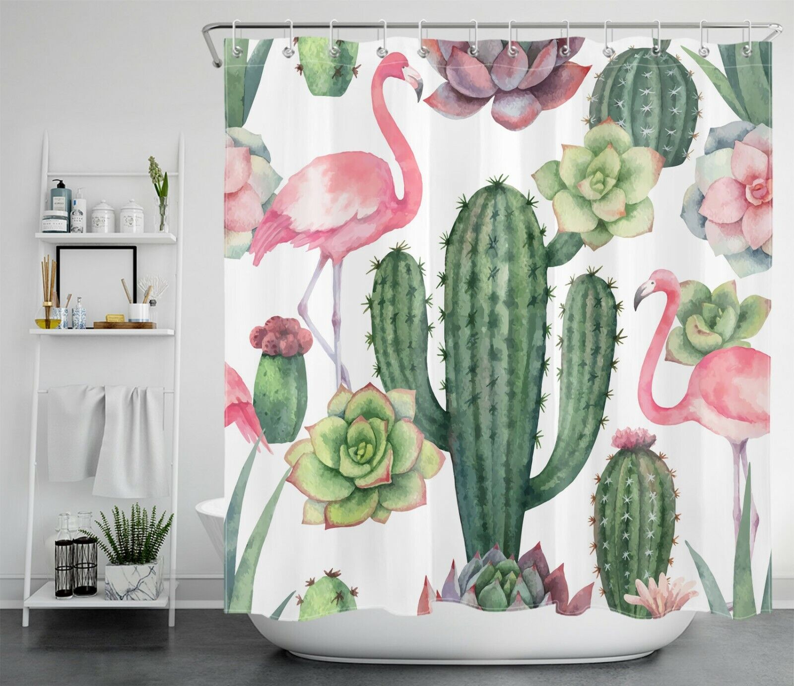Cute Pink Flamingo, Tropical Plant, And Cactus Flower Shower Curtain For Playful Bathroom Decor
