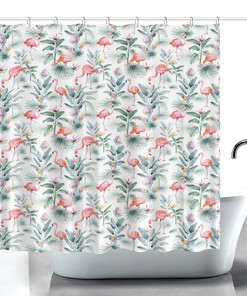 Cute Pink Flamingo and Tropical Palm Leaves Shower Curtain for Fun Kid's Bathroom