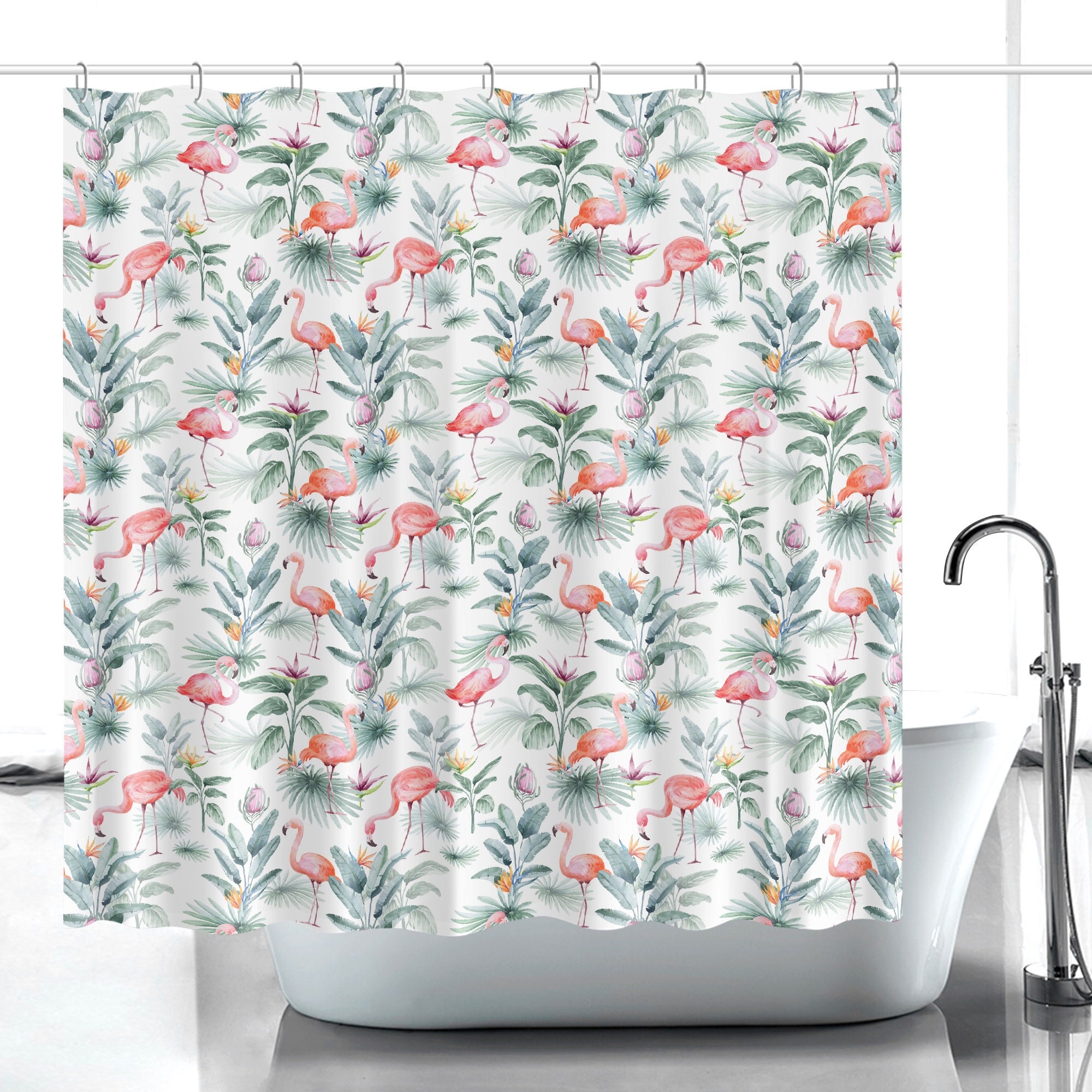 Cute Pink Flamingo and Tropical Palm Leaves Shower Curtain for Fun Kid's Bathroom
