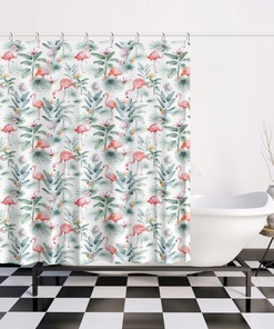 Cute Pink Flamingo and Tropical Palm Leaves Shower Curtain for Fun Kid's Bathroom