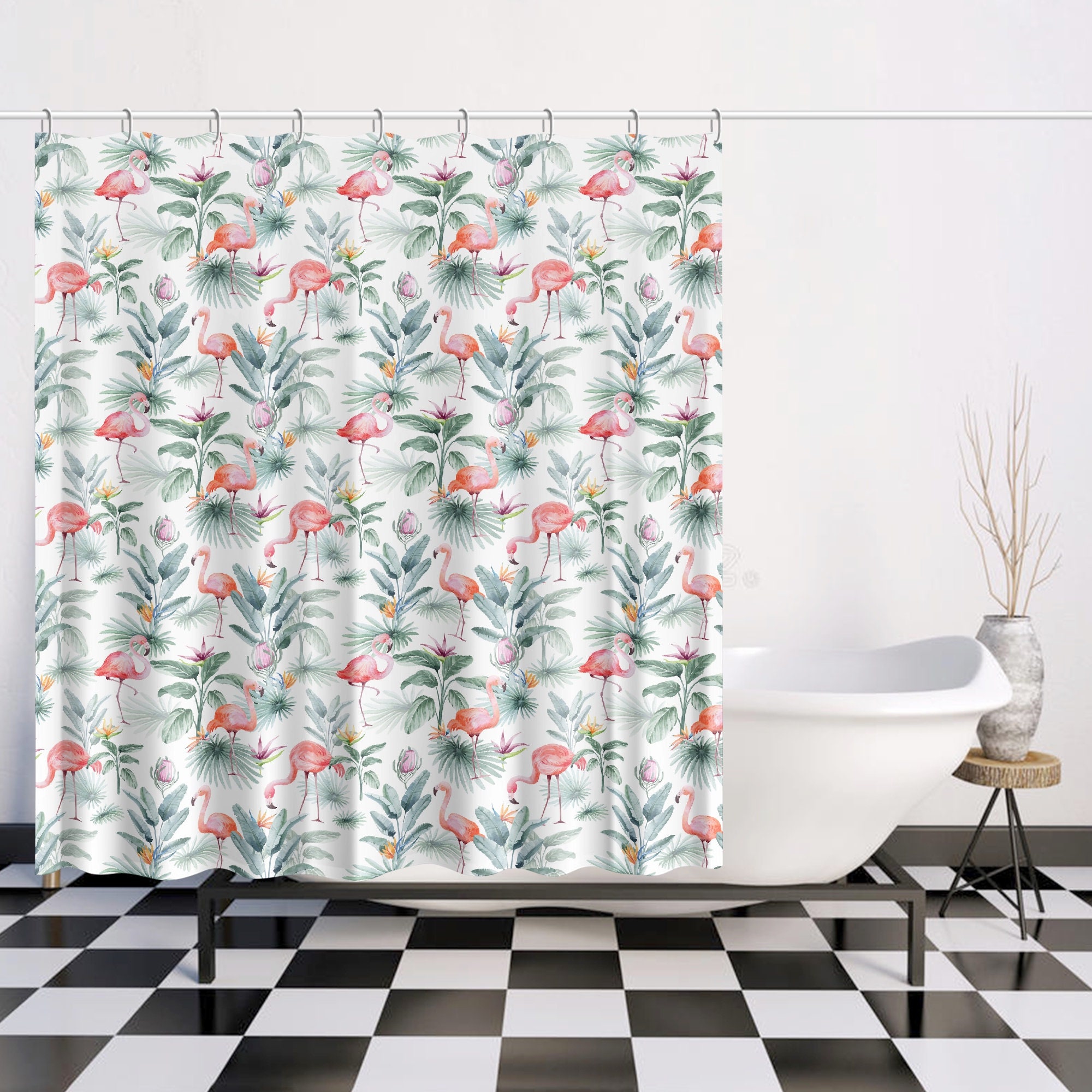 Cute Pink Flamingo and Tropical Palm Leaves Shower Curtain for Fun Kid's Bathroom