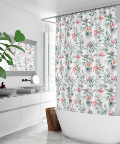 Cute Pink Flamingo and Tropical Palm Leaves Shower Curtain for Fun Kid's Bathroom