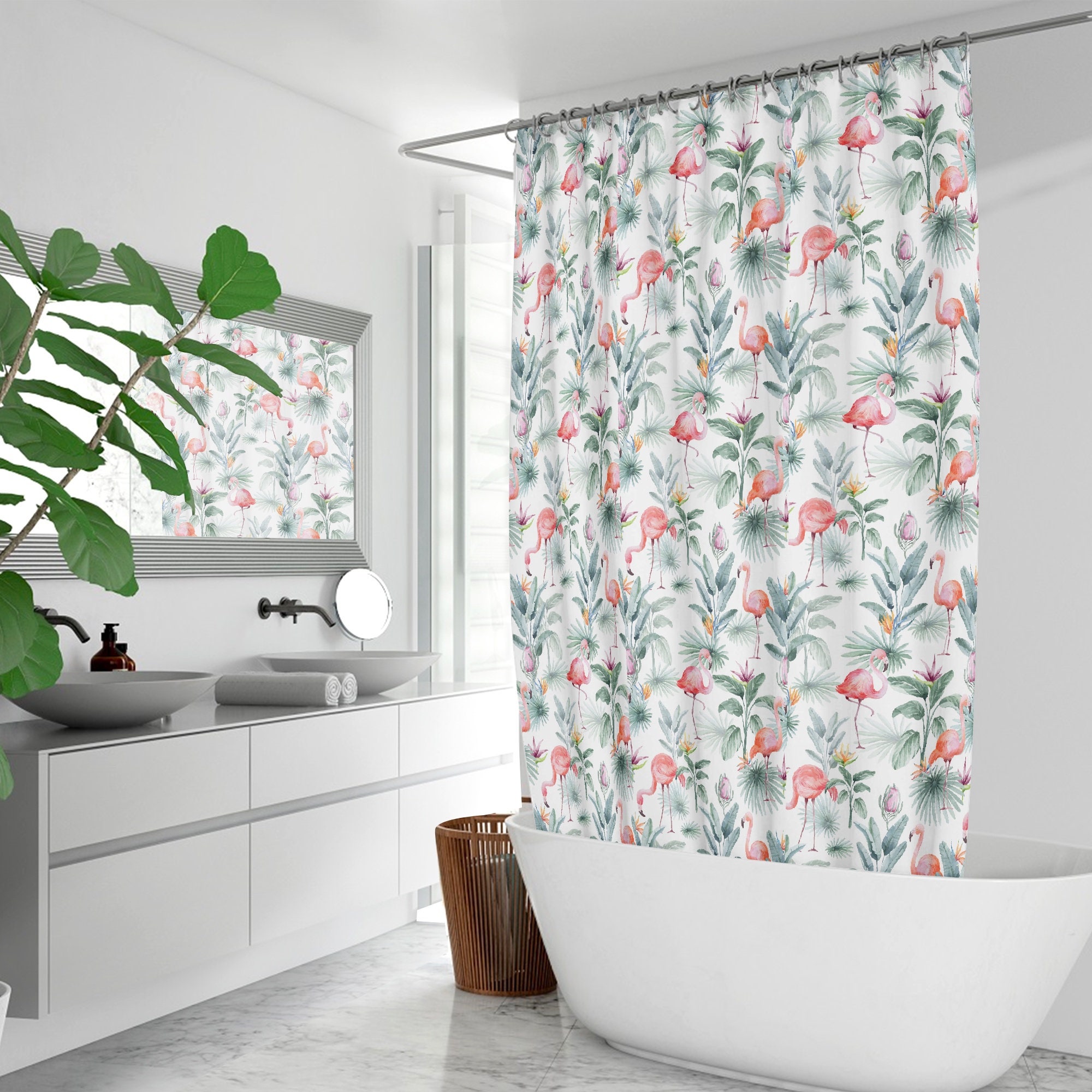 Cute Pink Flamingo and Tropical Palm Leaves Shower Curtain for Fun Kid's Bathroom