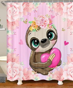 Cute Pink Floral Sloth Print Shower Curtain, Waterproof Fabric, Machine Washable, Adds Decorative Charm To Your Bathroom