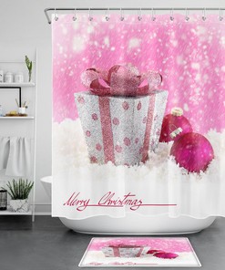 Cute Pink Gift Case Snowflakes Merry Christmas Waterproof Fabric Shower Curtain for Bathroom Decor