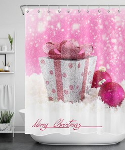 Cute Pink Gift Case Snowflakes Merry Christmas Waterproof Fabric Shower Curtain for Bathroom Decor