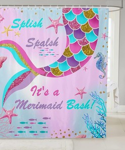 Cute Pink Glitter Mermaid Shower Curtain for Kids Bathroom with Rainbow Accessories