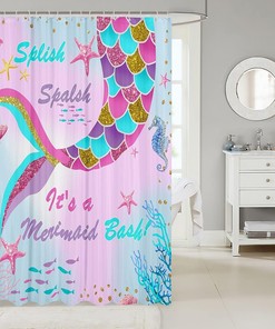 Cute Pink Glitter Mermaid Shower Curtain for Kids Bathroom with Rainbow Accessories