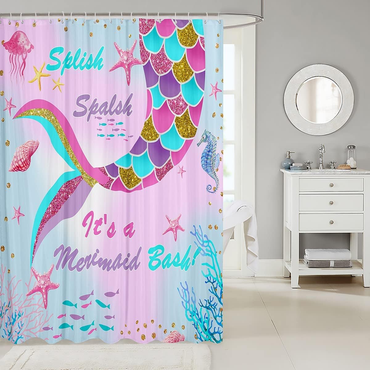 Cute Pink Glitter Mermaid Shower Curtain for Kids Bathroom with Rainbow Accessories