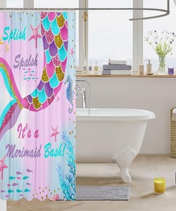 Cute Pink Glitter Mermaid Shower Curtain for Kids Bathroom with Rainbow Accessories