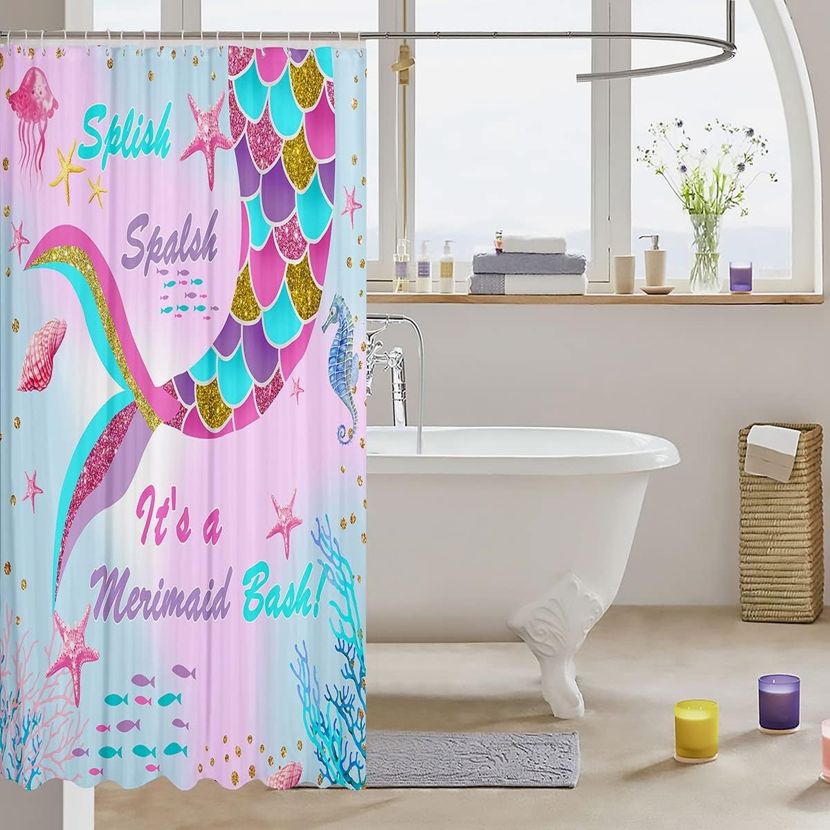 Cute Pink Glitter Mermaid Shower Curtain for Kids Bathroom with Rainbow Accessories