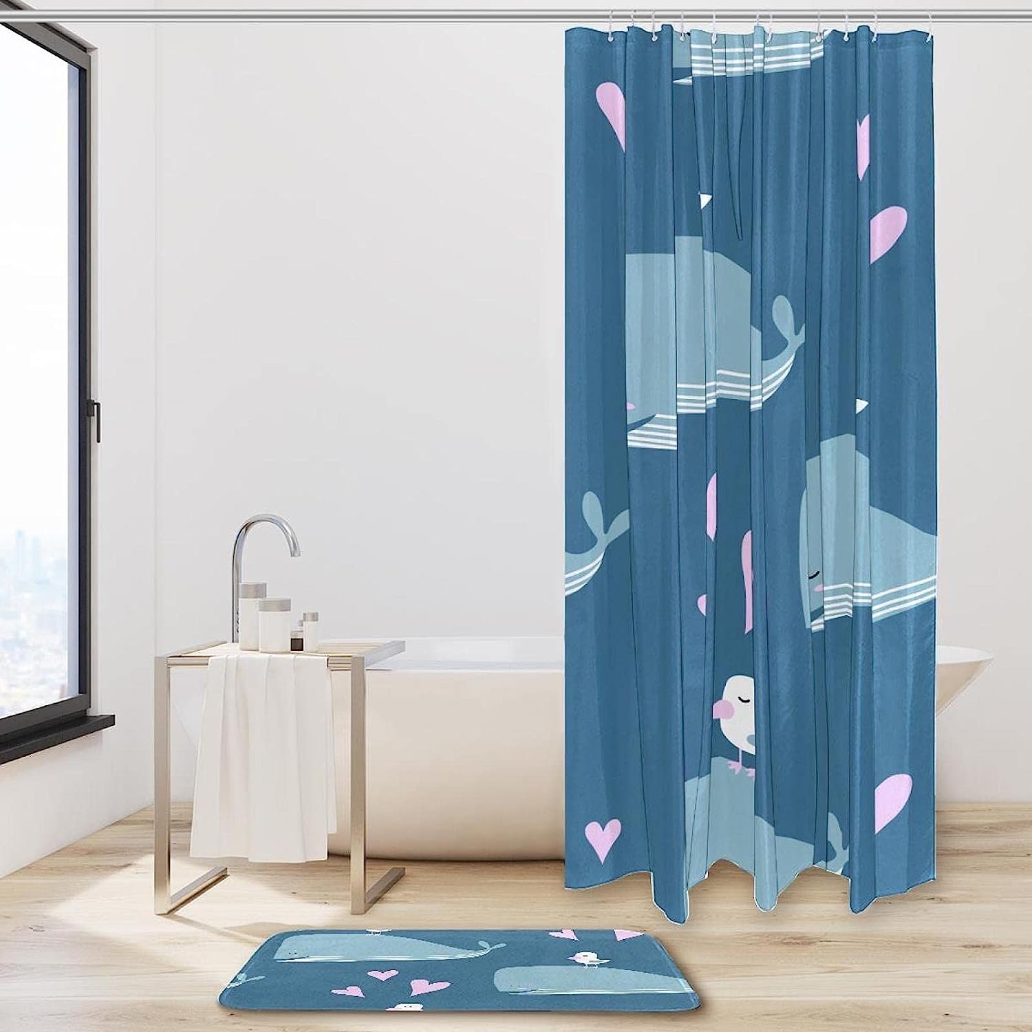 Cute Pink Love Heart Dolphins Shower Curtain For Bathroom - Image 2
