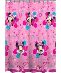 Cute Pink Minnie Mouse Fabric Shower Curtain with Flowers, Hearts and Bow