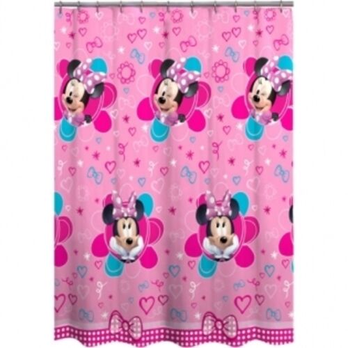 Cute Pink Minnie Mouse Fabric Shower Curtain with Flowers, Hearts and Bow