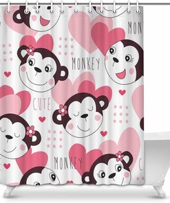 Cute Pink Monkey Pattern InterestPrint Shower Curtain Waterproof Fabric Decorative Bathroom Bath Curtain Decor 