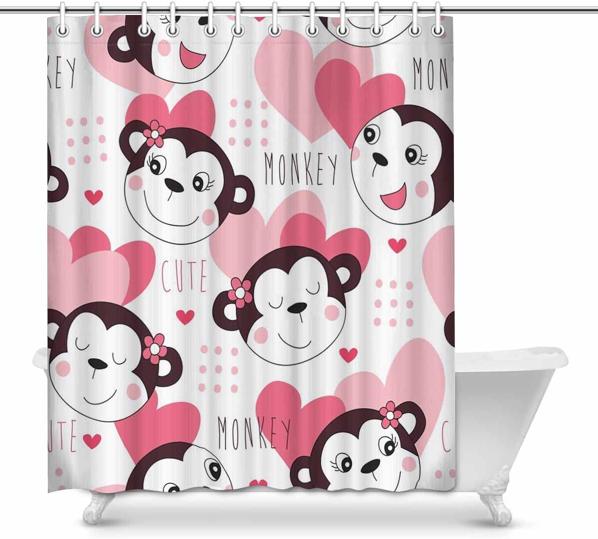 Cute Pink Monkey Pattern InterestPrint Shower Curtain Waterproof Fabric Decorative Bathroom Bath Curtain Decor