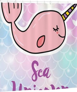 Cute Pink Unicorn Whale Printed Bathroom Shower Curtain with No-Clear Fabric 
