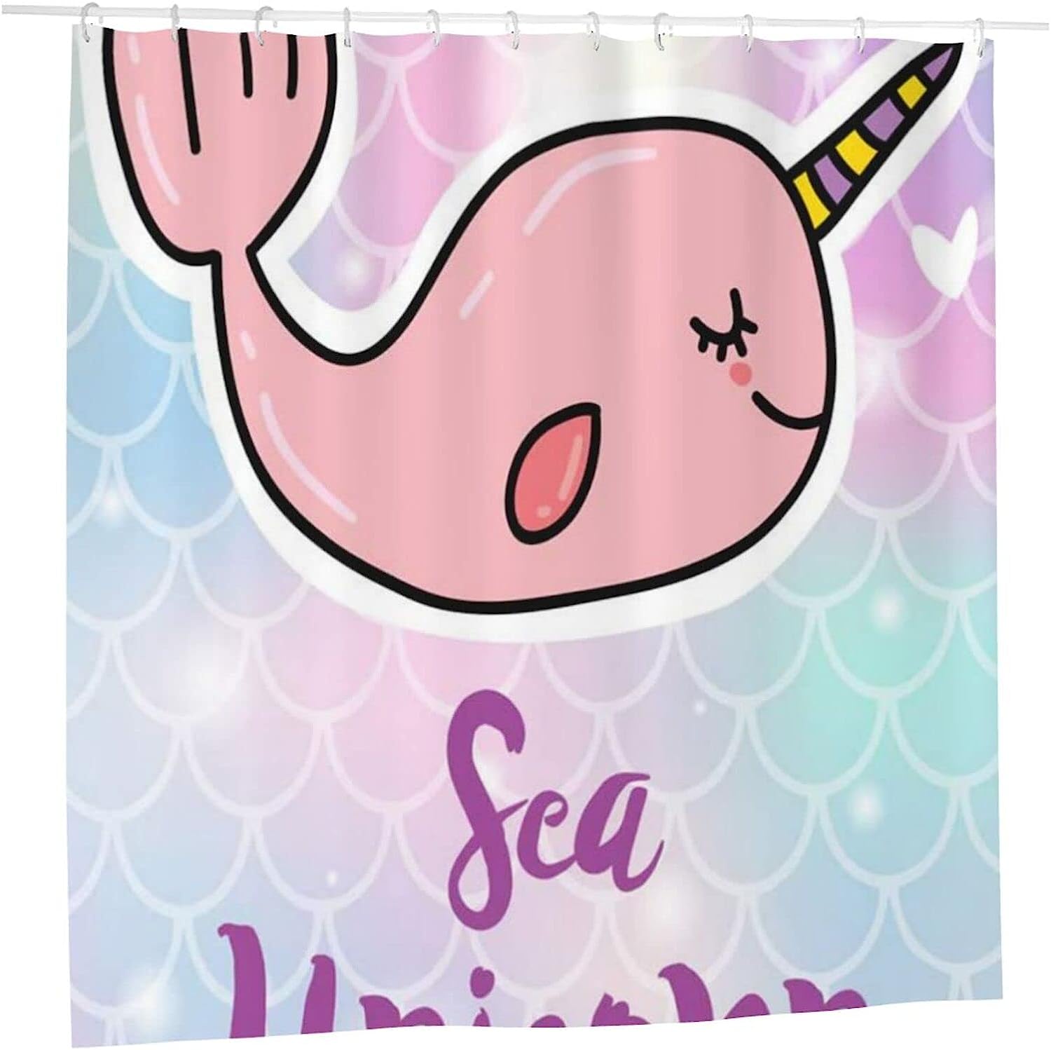 Cute Pink Unicorn Whale Printed Bathroom Shower Curtain with No-Clear Fabric
