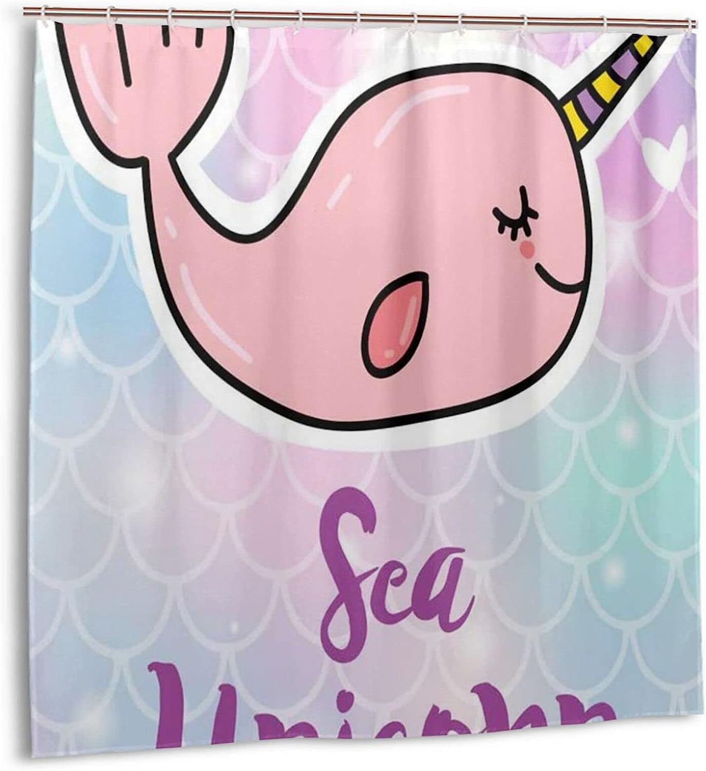 Cute Pink Unicorn Whale Printed Bathroom Shower Curtain with No-Clear Fabric