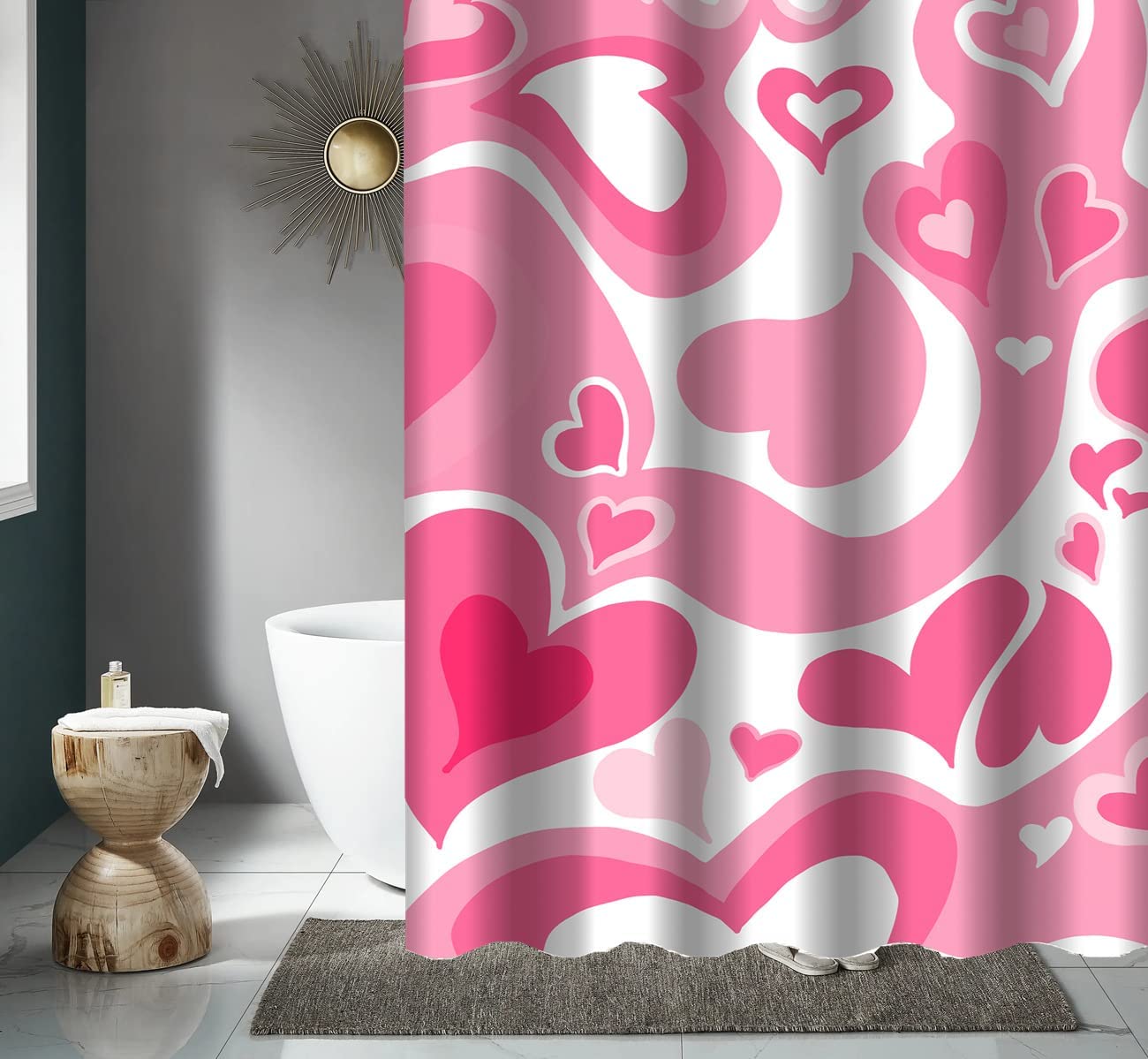 Cute Pink Vintage Shower Curtain With Love Abstract Design For Girls Bathroom, - Image 2