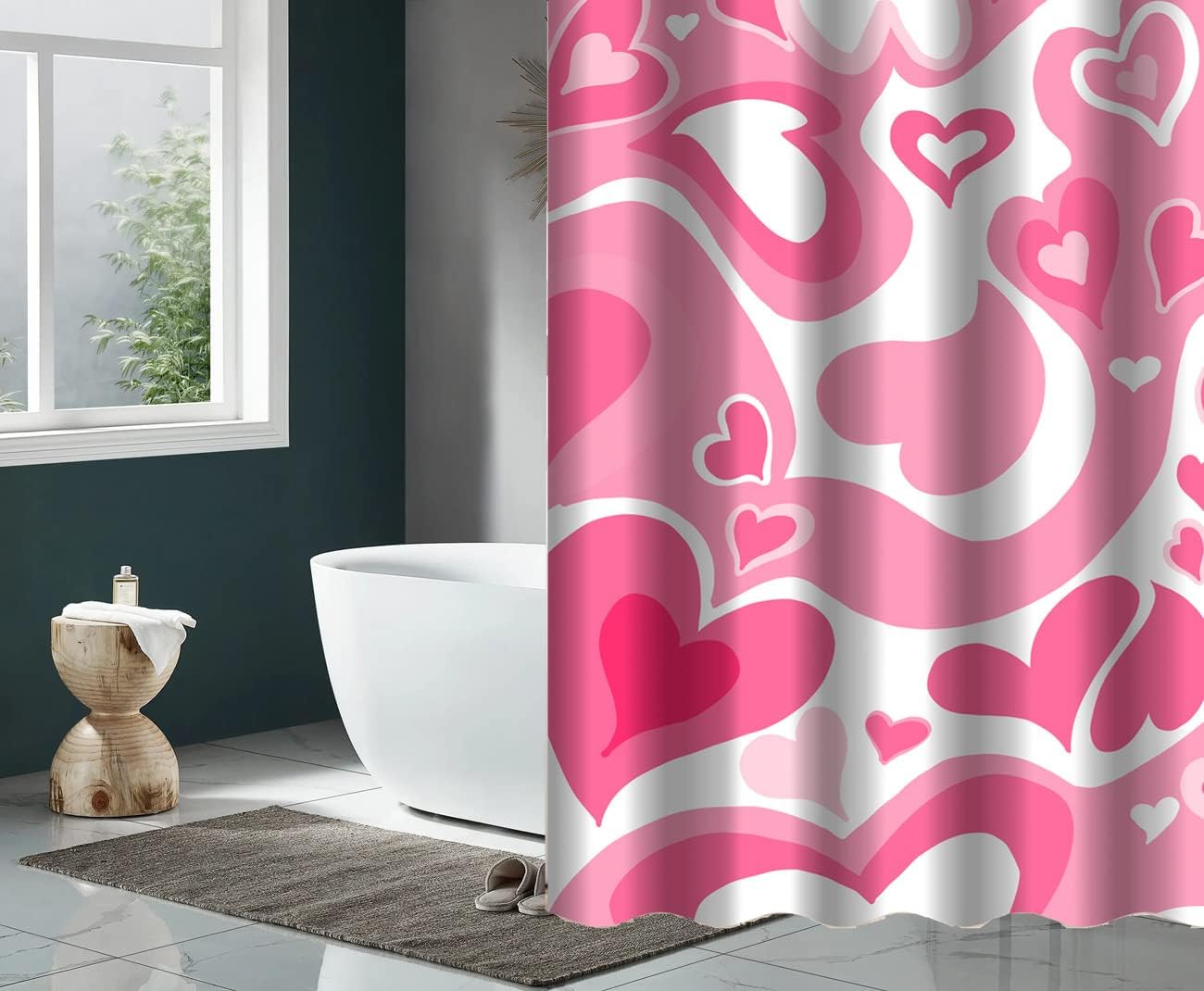 Cute Pink Vintage Shower Curtain With Love Abstract Design For Girls Bathroom, - Image 3