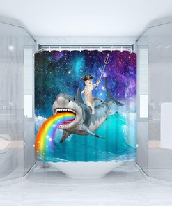 Cute Pirate Cat Riding Shark Shower Curtain - Rainbow Wave And Starry Sky Print For Pet Lovers