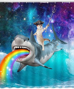 Cute Pirate Cat Riding Shark Shower Curtain - Rainbow Wave And Starry Sky Print For Pet Lovers