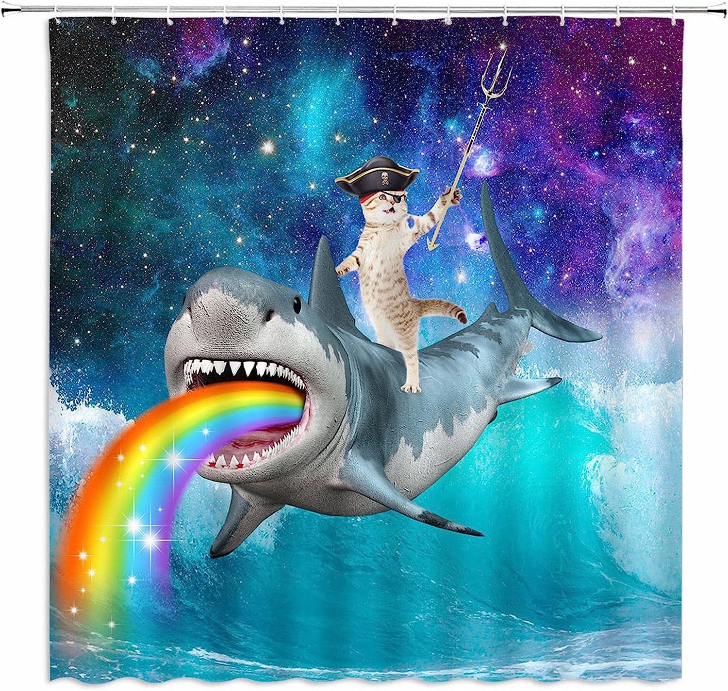Cute Pirate Cat Riding Shark Shower Curtain - Rainbow Wave And Starry Sky Print For Pet Lovers