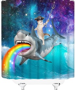 Cute Pirate Cat Riding Shark Shower Curtain - Rainbow Wave And Starry Sky Print For Pet Lovers