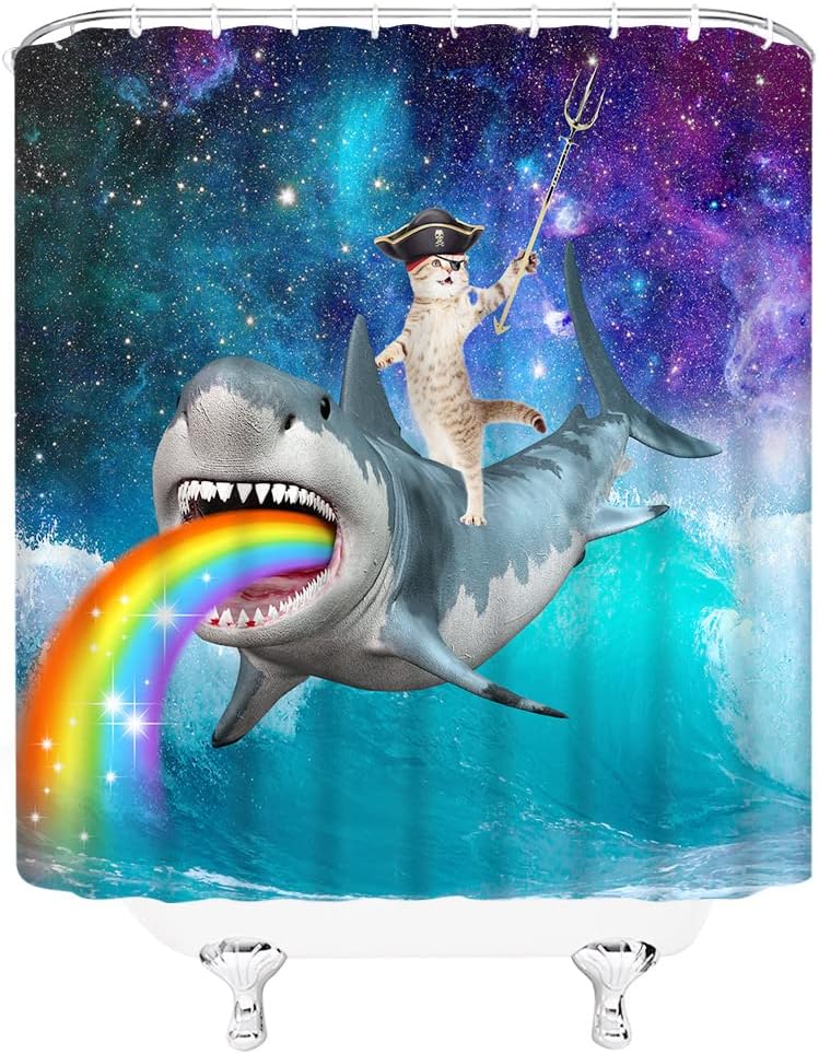 Cute Pirate Cat Riding Shark Shower Curtain - Rainbow Wave And Starry Sky Print For Pet Lovers
