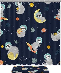 Cute Planets Shower Curtain For Bathroom With Funny Sloth Print, Great For Outer Space And Animal Lovers 