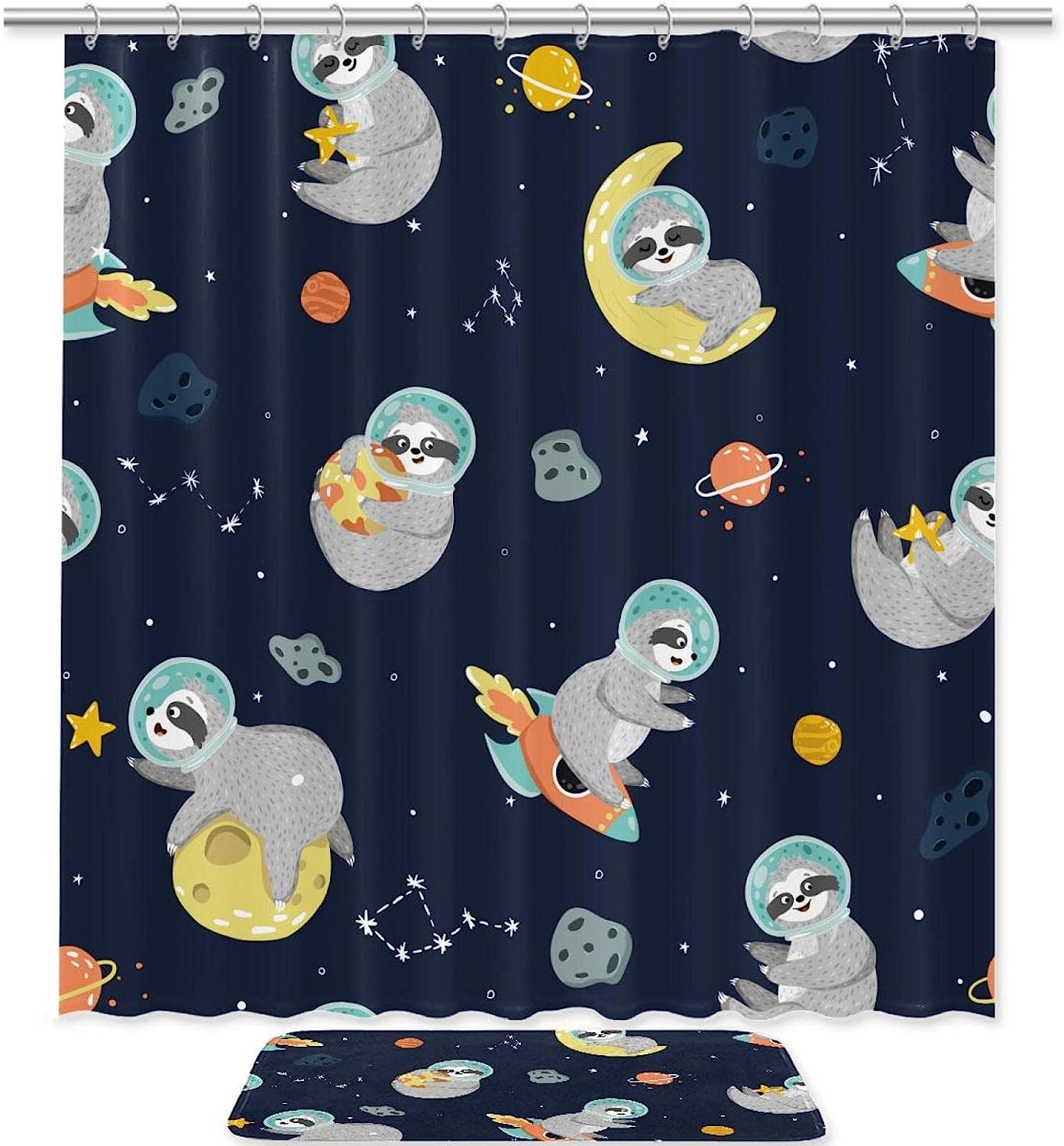 Cute Planets Shower Curtain For Bathroom With Funny Sloth Print, Great For Outer Space And Animal Lovers
