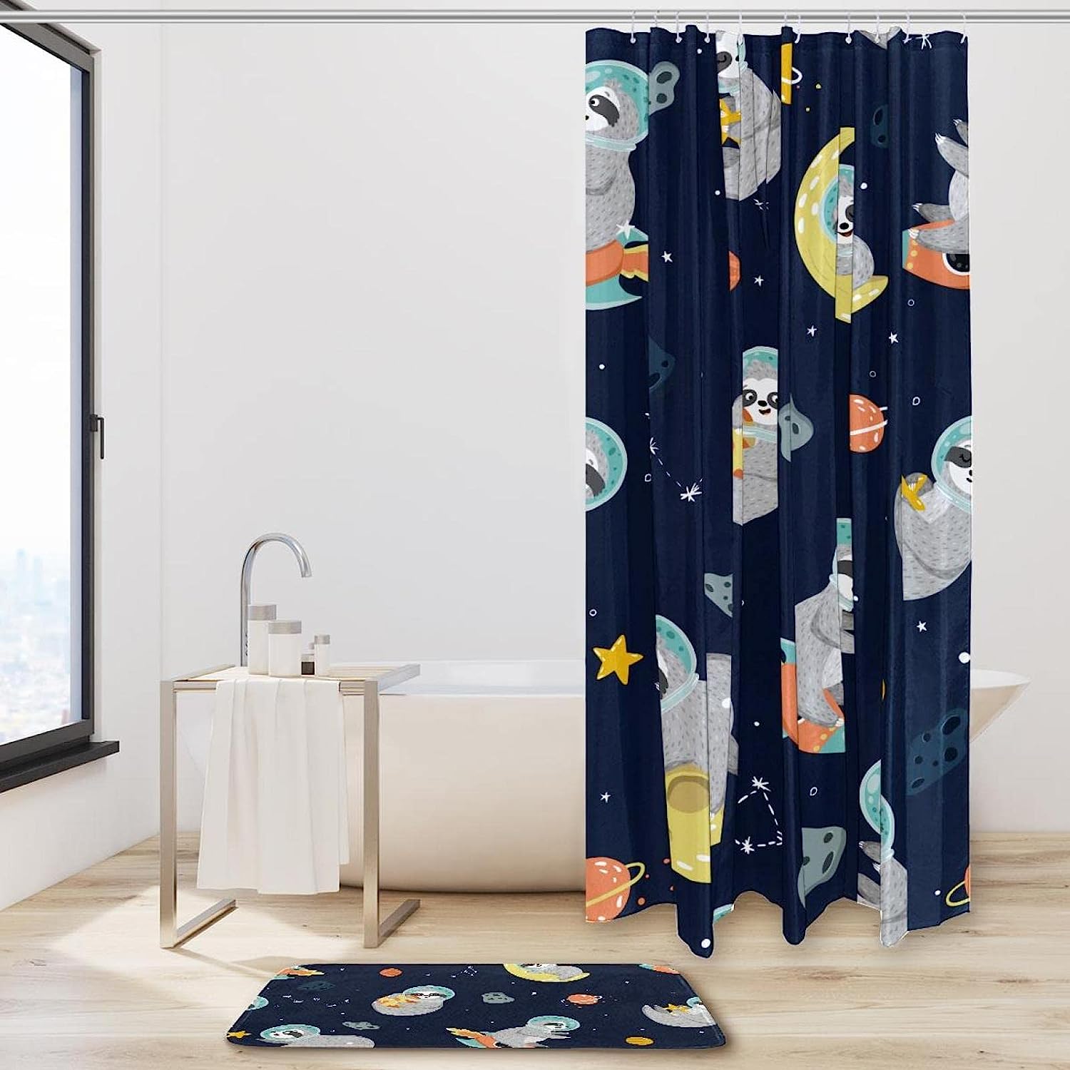 Cute Planets Shower Curtain For Bathroom With Funny Sloth Print, Great For Outer Space And Animal Lovers