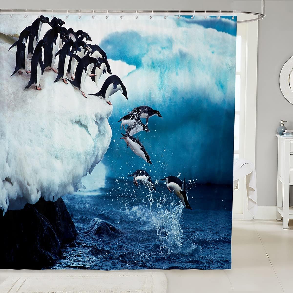 Cute Polar Animal Penguin Shower Curtain For Winter Bathroom Decor