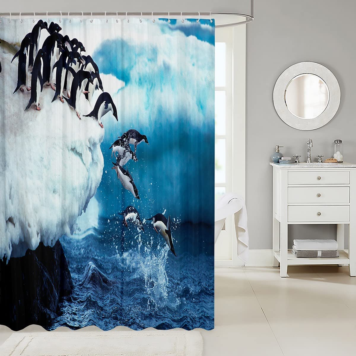 Cute Polar Animal Penguin Shower Curtain For Winter Bathroom Decor