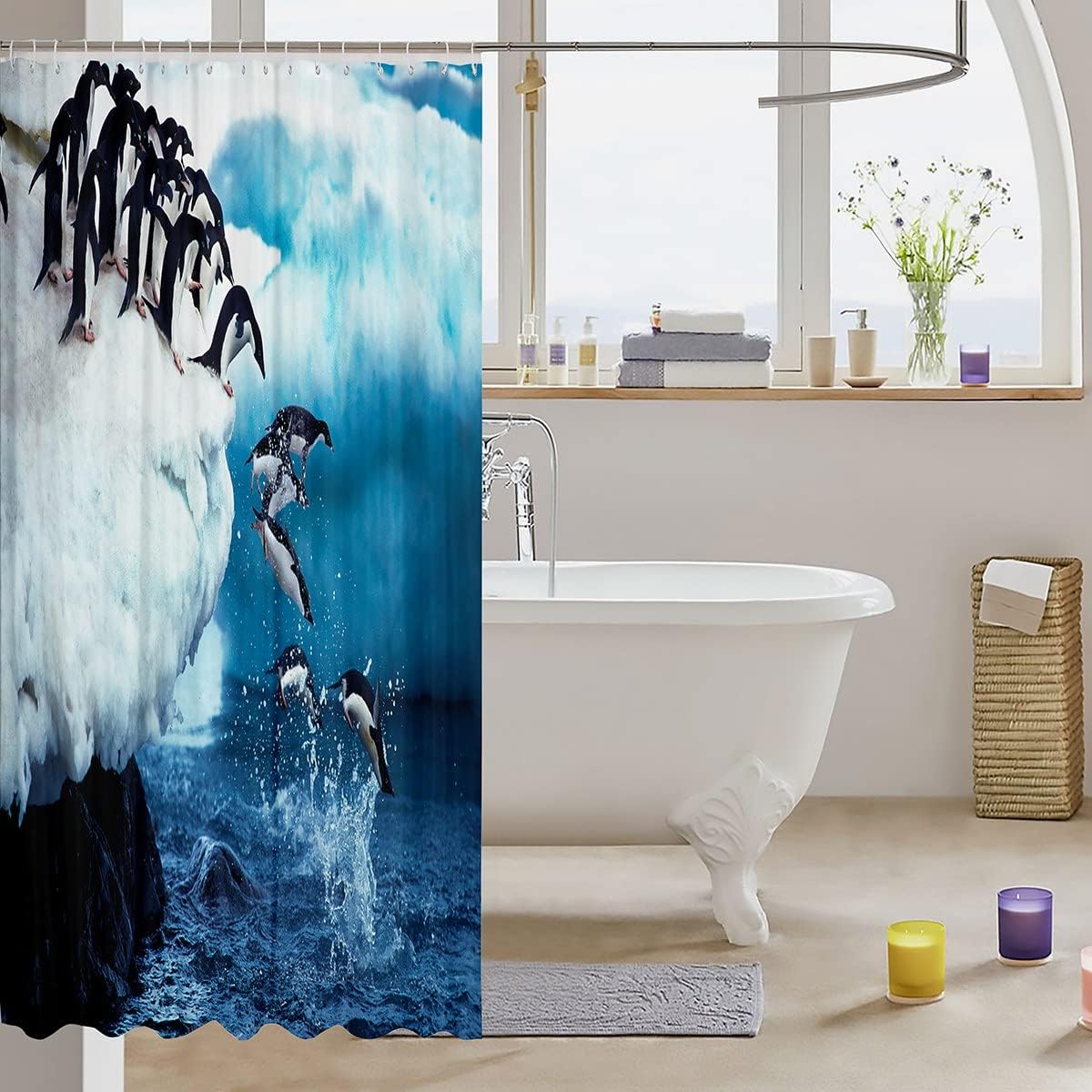 Cute Polar Animal Penguin Shower Curtain For Winter Bathroom Decor