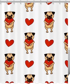 Cute Pug Dog and Heart Kids Bathroom Shower Curtain