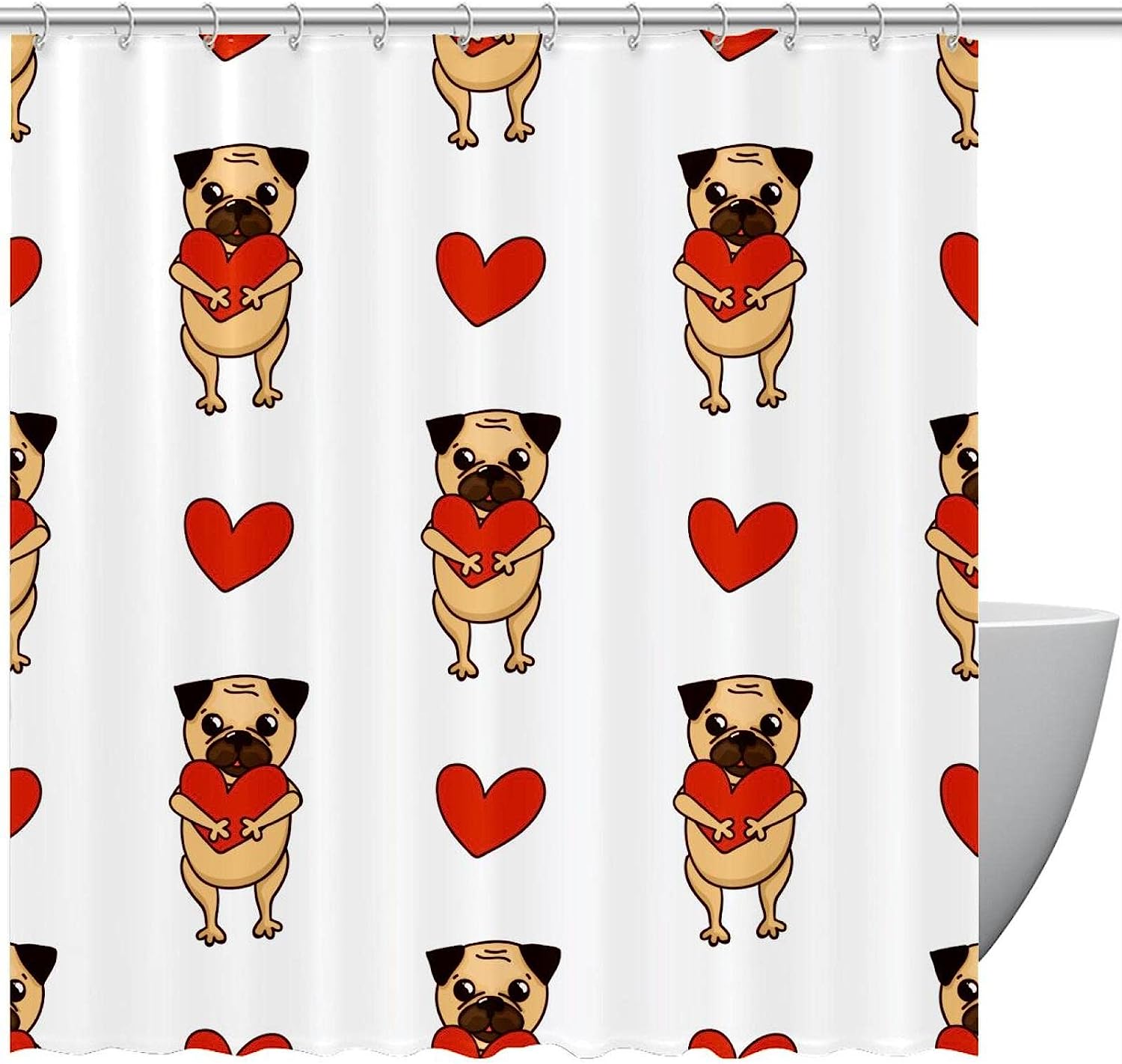 Cute Pug Dog and Heart Kids Bathroom Shower Curtain