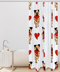 Cute Pug Dog and Heart Kids Bathroom Shower Curtain