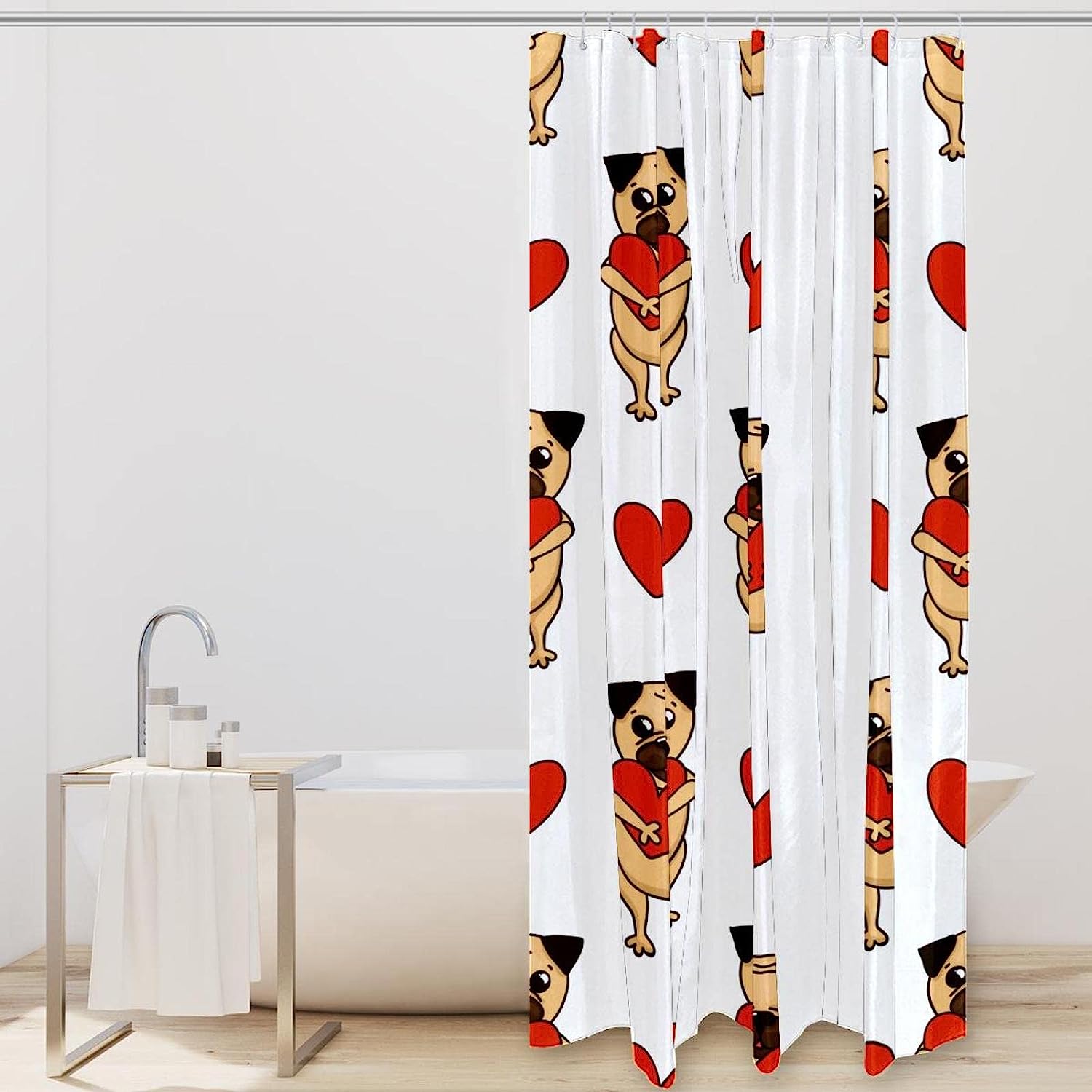 Cute Pug Dog and Heart Kids Bathroom Shower Curtain