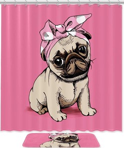 Cute Pug Puppy Dog Waterproof Bathroom Curtain