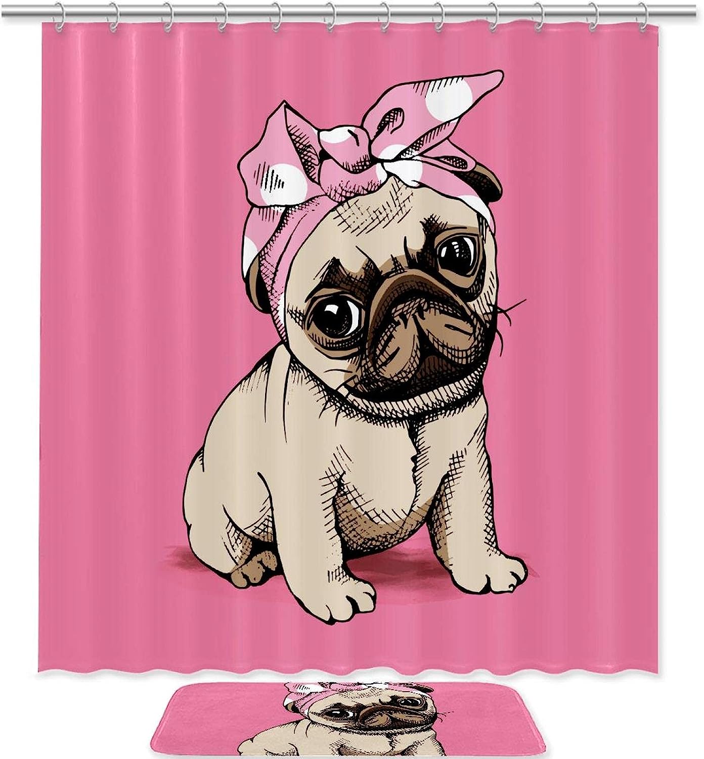 Cute Pug Puppy Dog Waterproof Bathroom Curtain