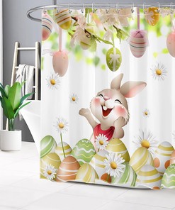 Cute Rabbit And Colorful Egg On White Fabric Shower Curtain Spring Cartoon Shower Curtain With Kids