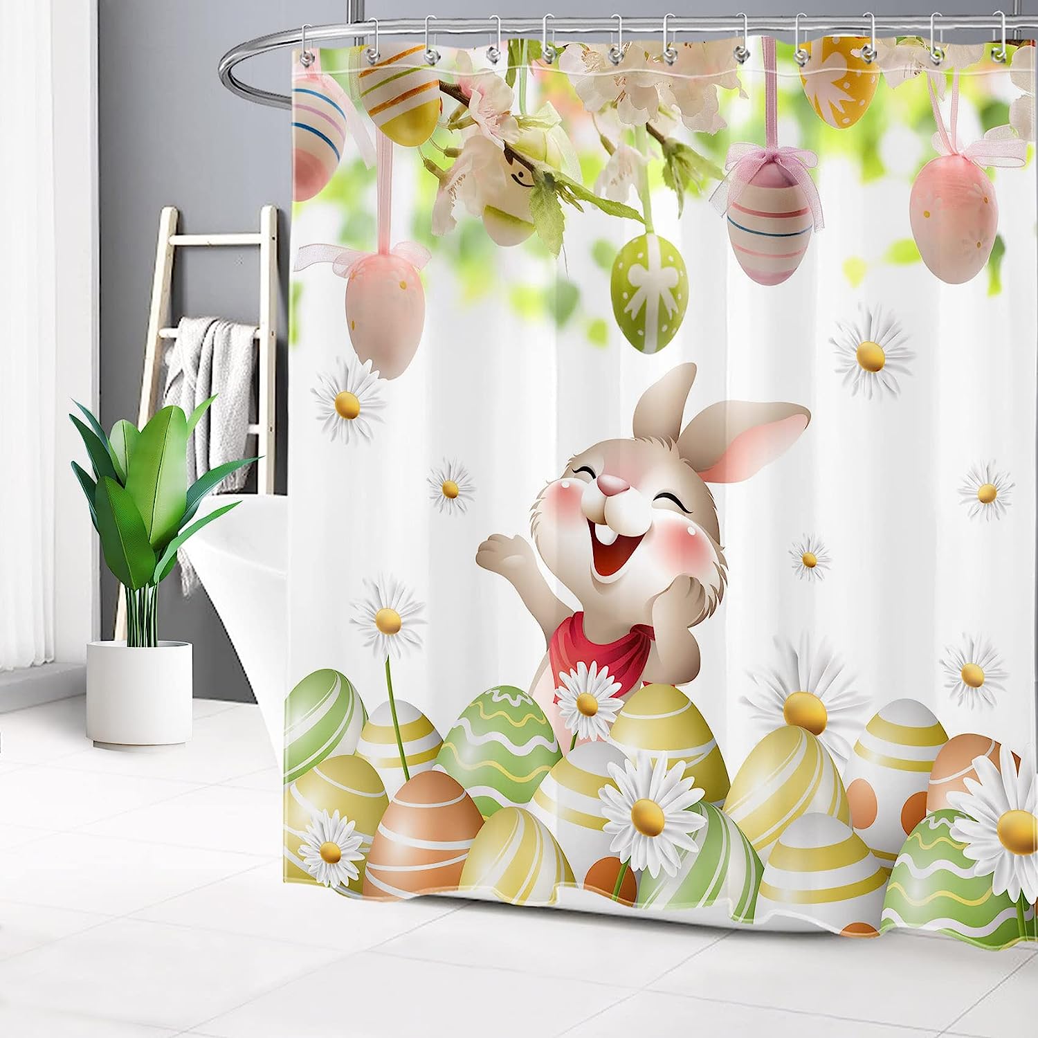 Cute Rabbit And Colorful Egg On White Fabric Shower Curtain Spring Cartoon Shower Curtain With Kids