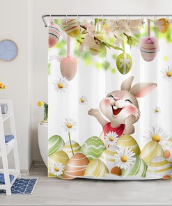 Cute Rabbit And Colorful Egg On White Fabric Shower Curtain Spring Cartoon Shower Curtain With Kids
