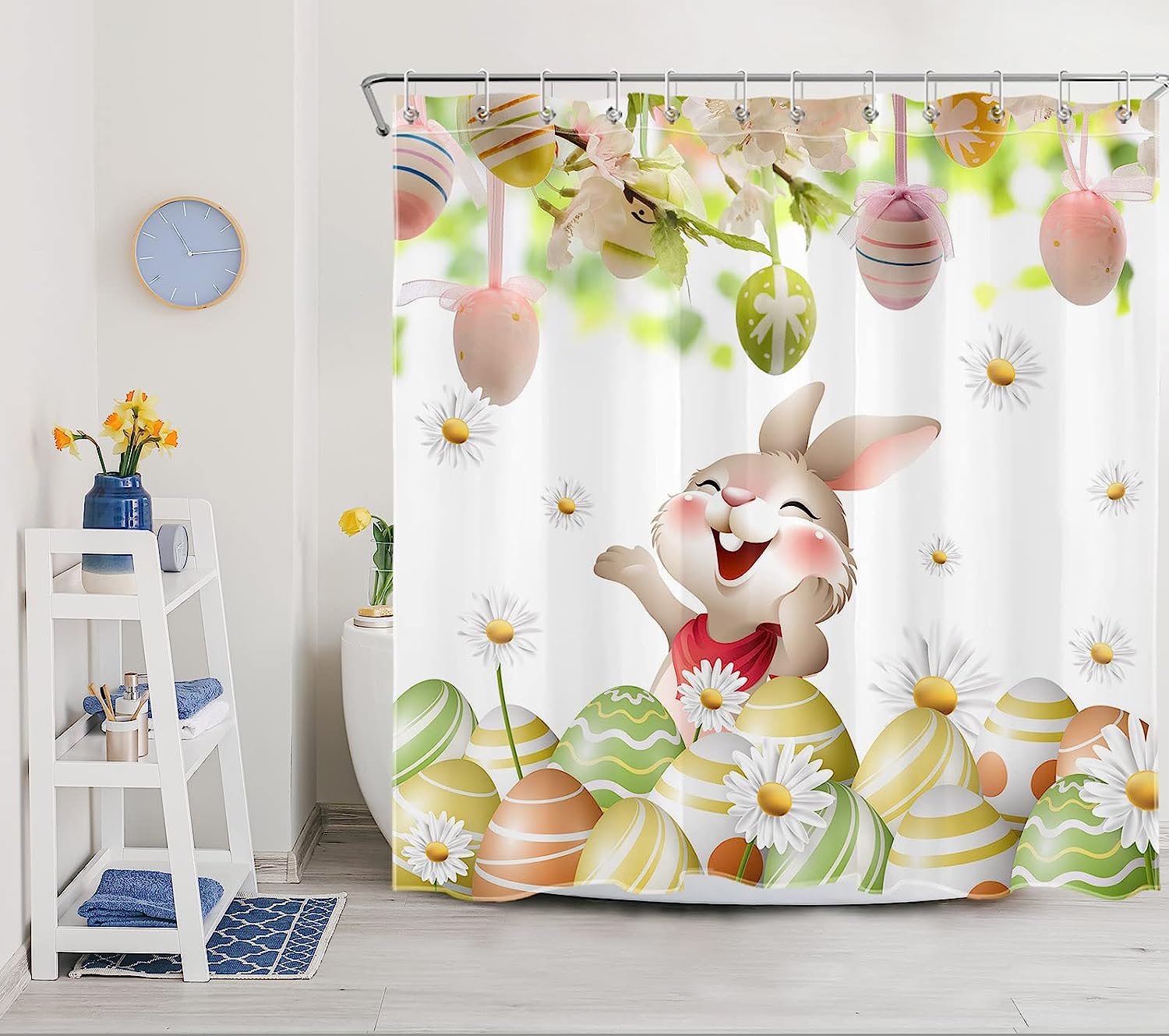 Cute Rabbit And Colorful Egg On White Fabric Shower Curtain Spring Cartoon Shower Curtain With Kids
