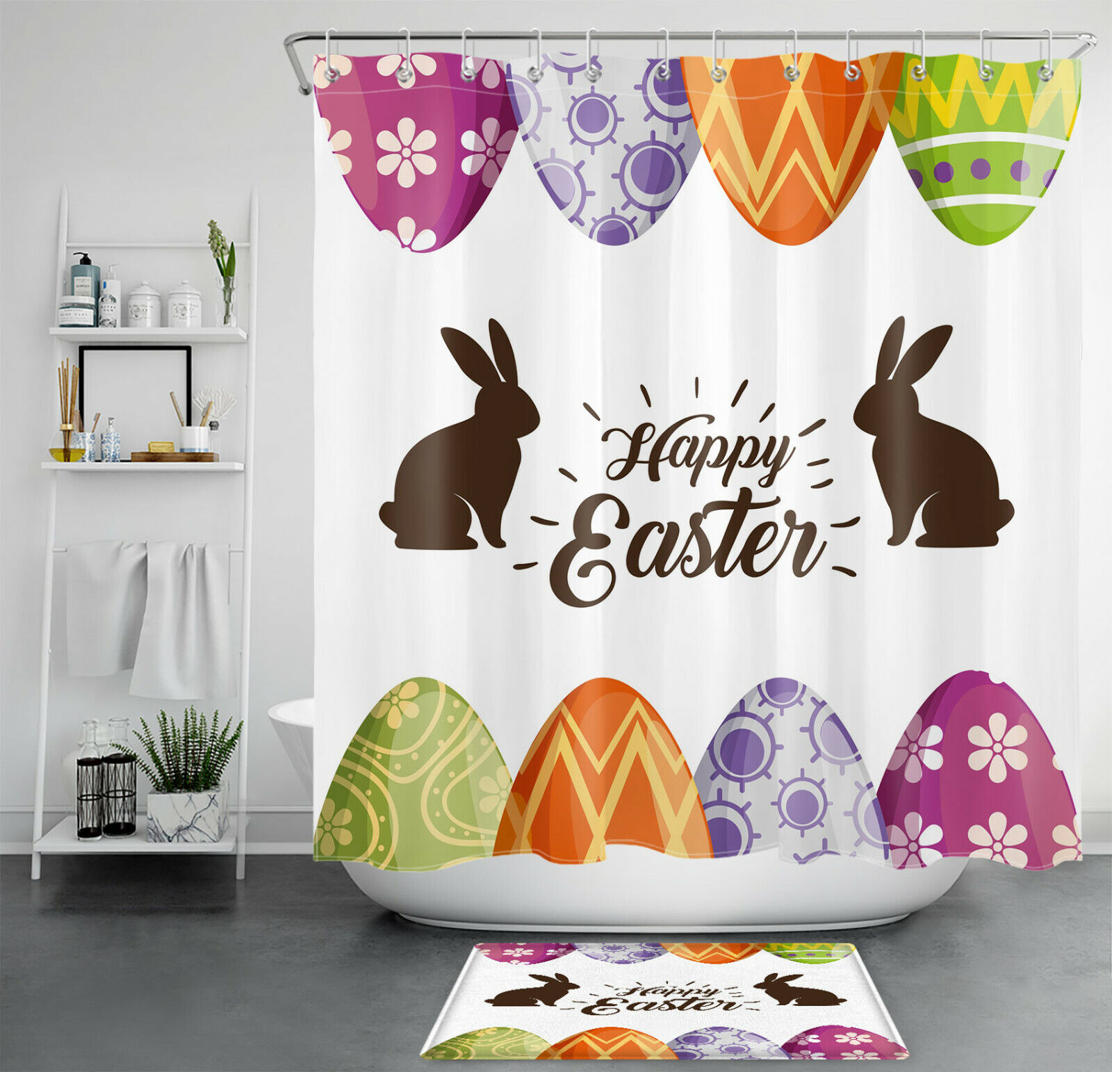 Cute Rabbit Colorful Eggs Shower Curtain For Spring