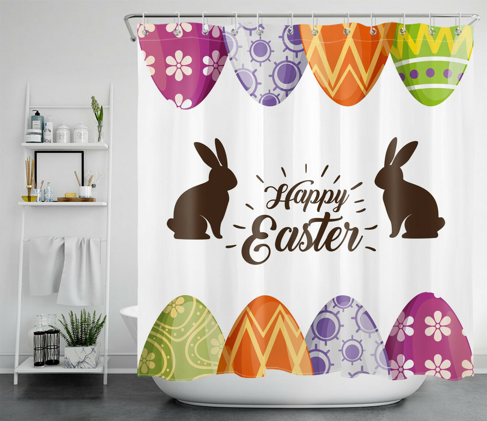 Cute Rabbit Colorful Eggs Shower Curtain For Spring - Image 2
