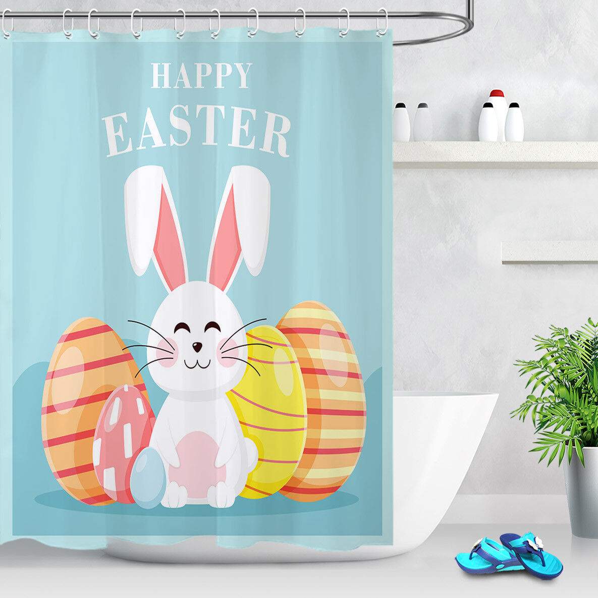 Cute Rabbit Colorful Eggs Shower Curtain - Waterproof Fabric Bathroom Decor for Easter